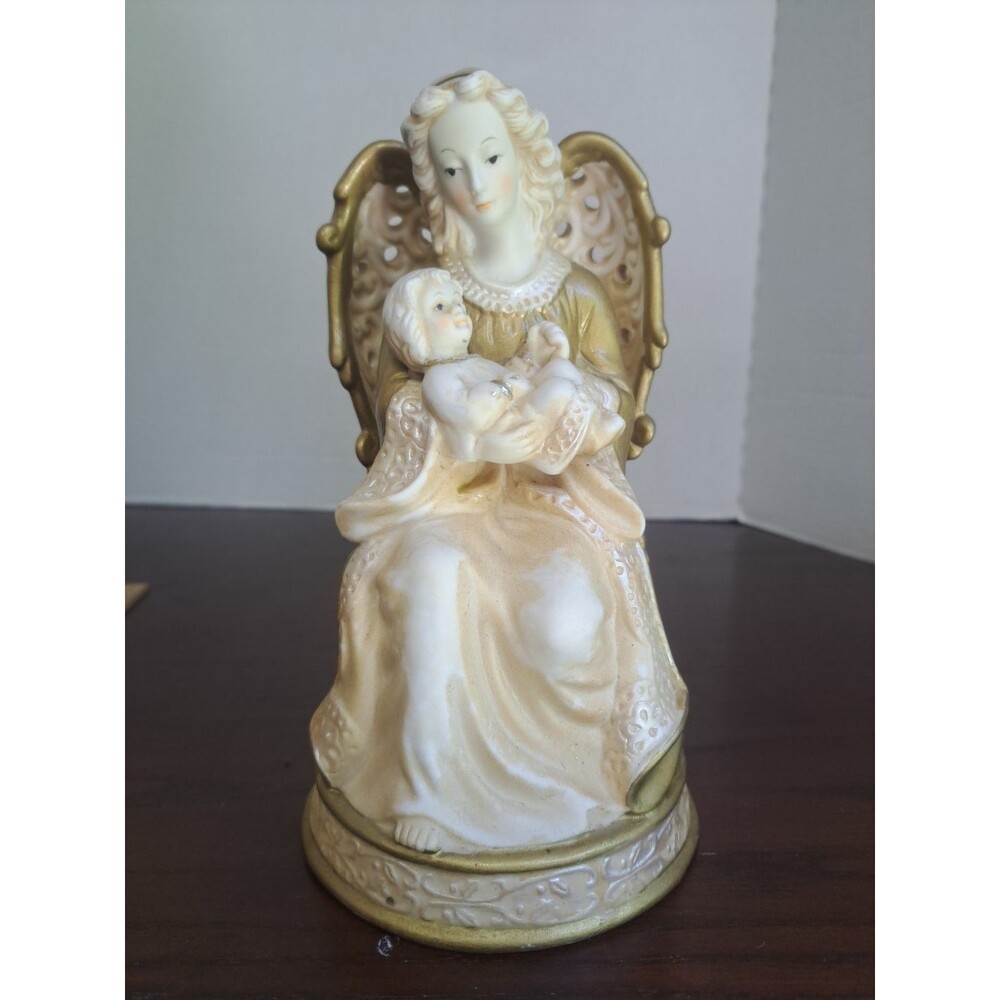 Musical Porcelain Angel Holding Baby Figurine Plays Silent Night
